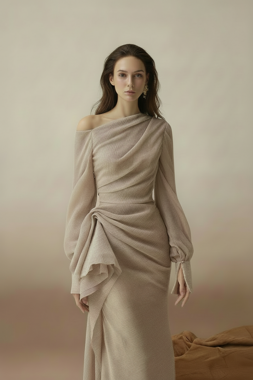 Juniper Pleated Off-Shoulder Long Sleeve Dress