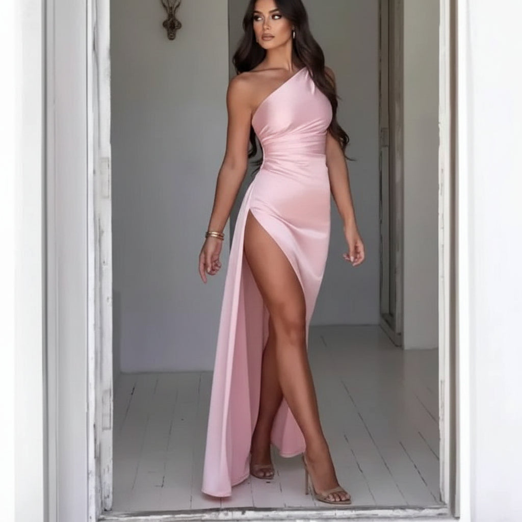Satin One-Shoulder Slit Dress check colors