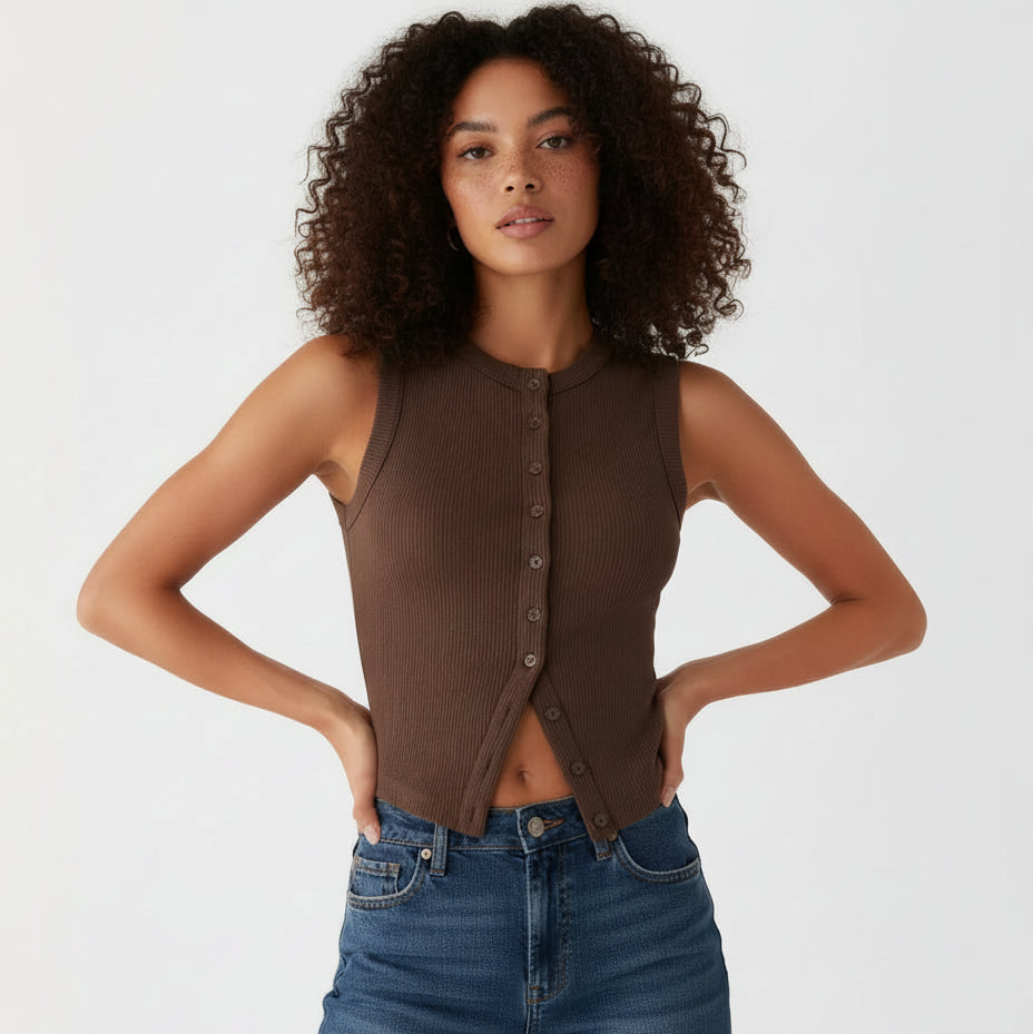 Woman wearing a brown sleeveless button-up top against a plain background