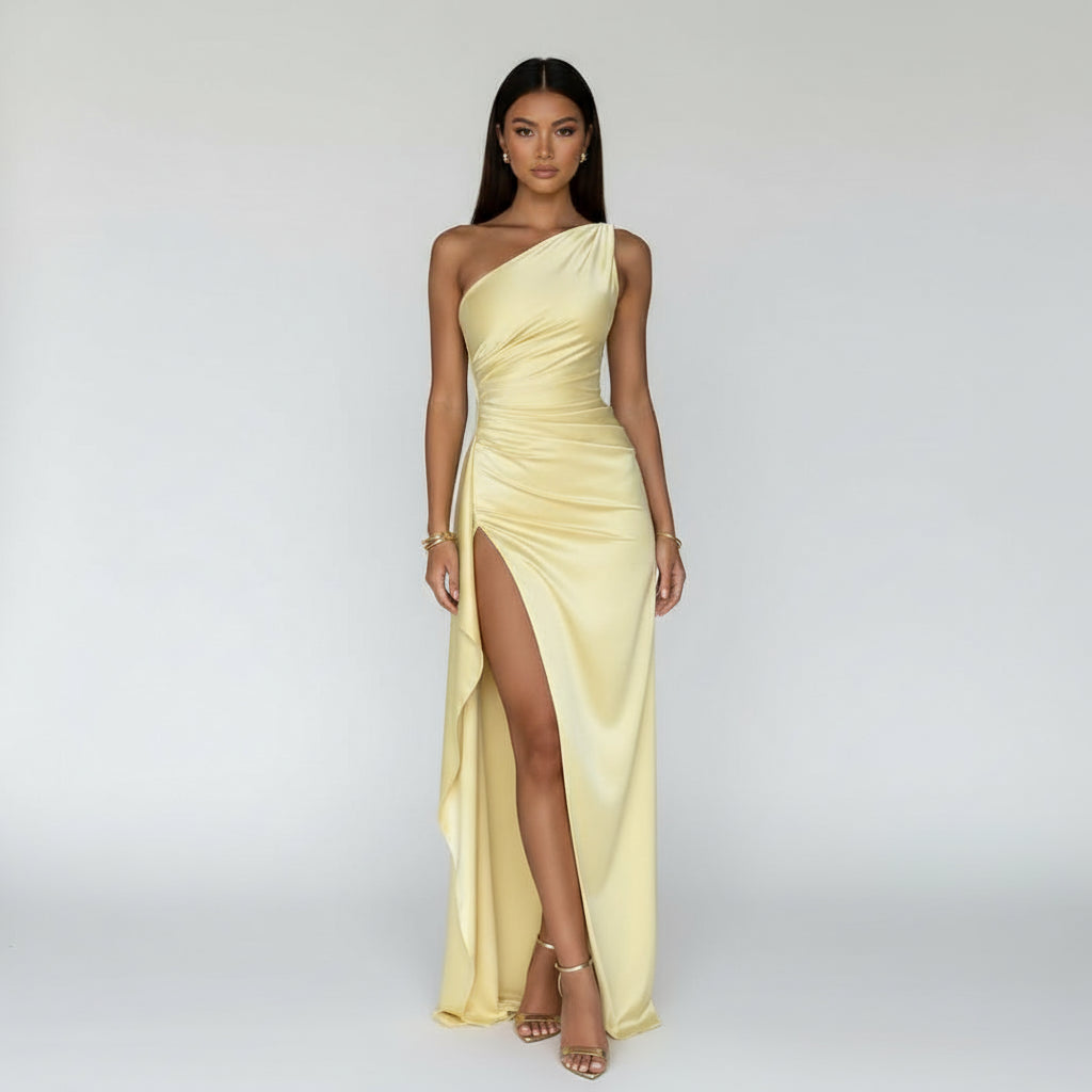 Satin One-Shoulder Slit Dress check colors