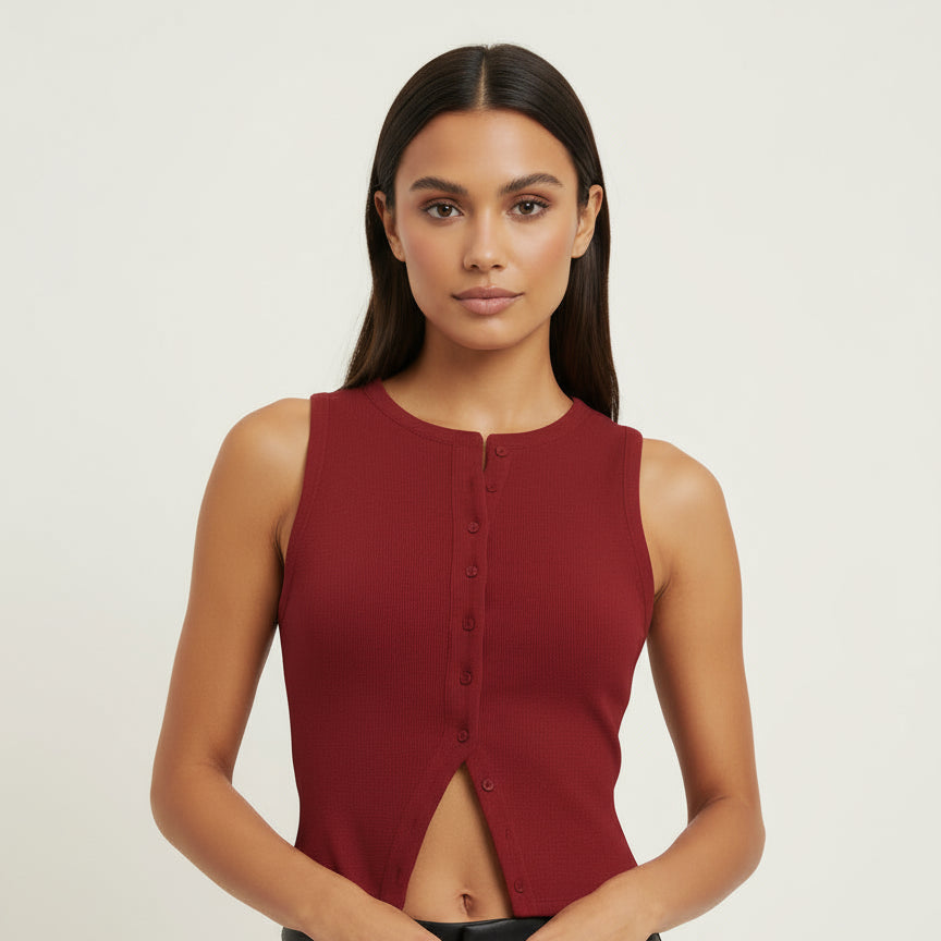 Red sleeveless top on a light gray background