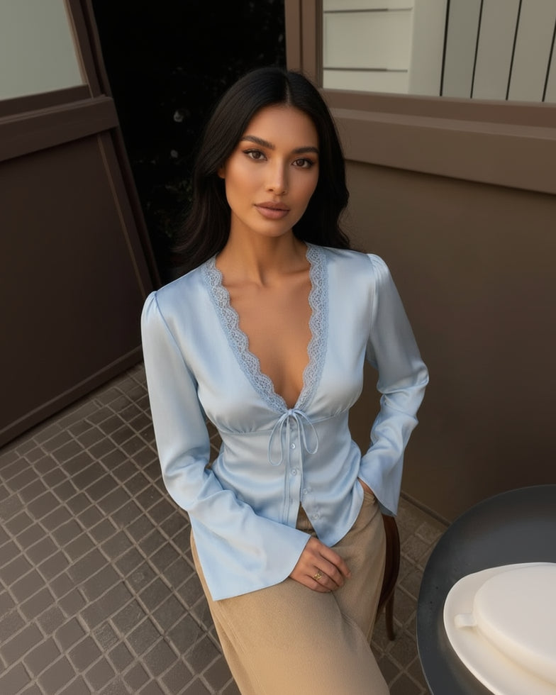 Bella Lace Satin Lace Up Top