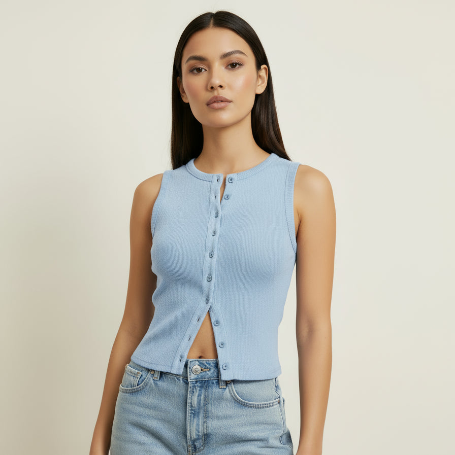 Light blue sleeveless vest with buttons on a light gray background