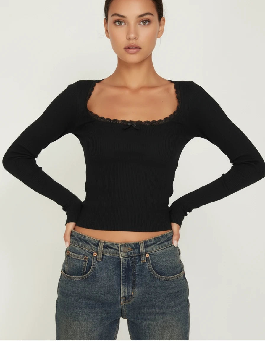 Rou U-Neck Delicate Lace Knit Top