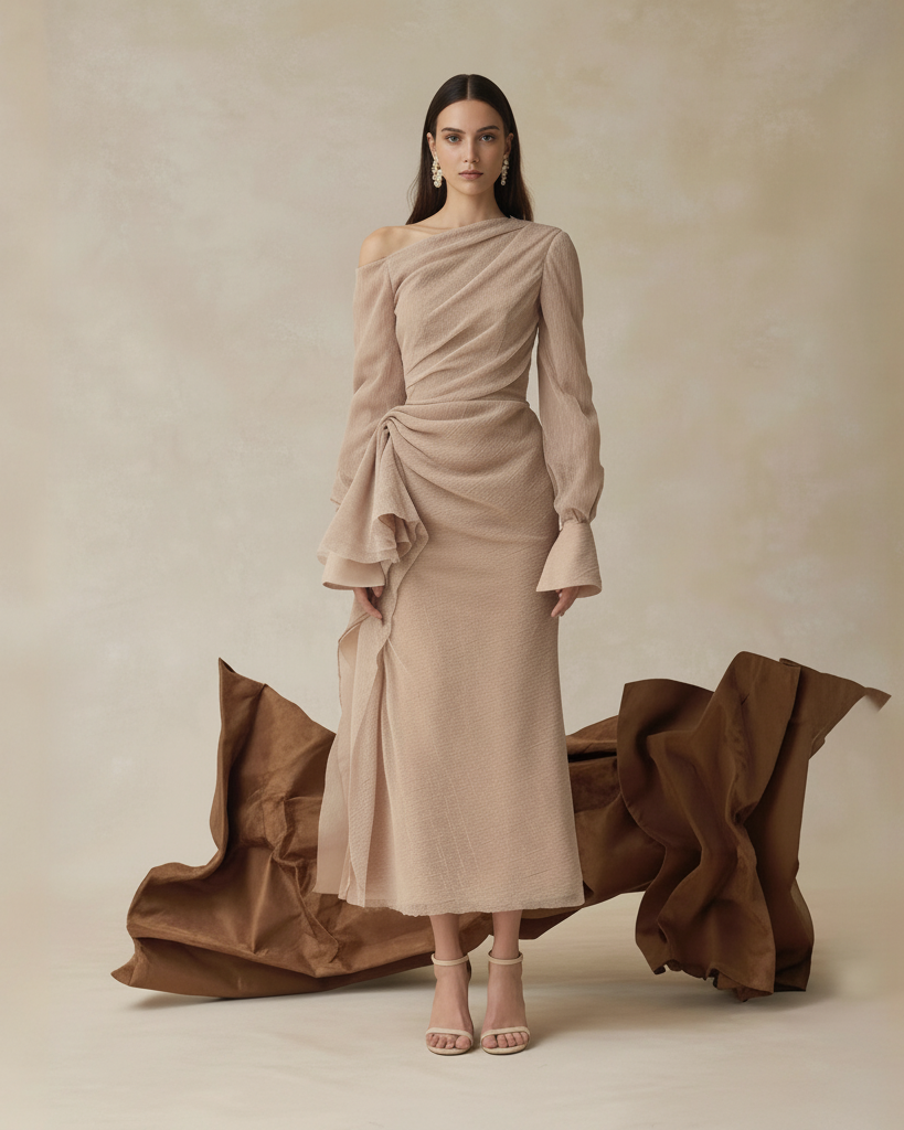 Juniper Pleated Off-Shoulder Long Sleeve Dress