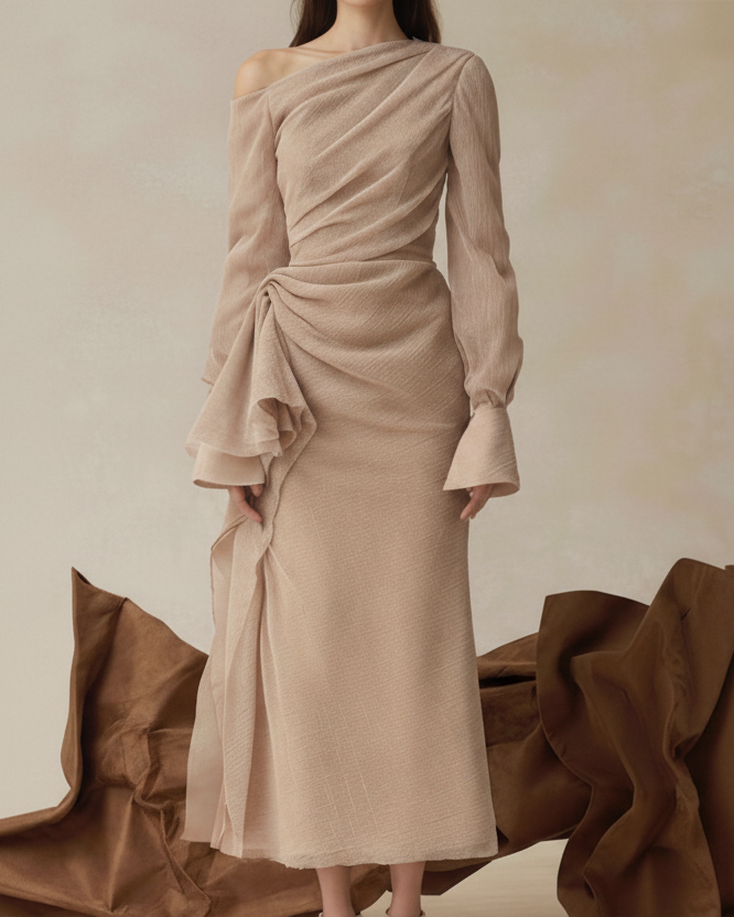 Juniper Pleated Off-Shoulder Long Sleeve Dress