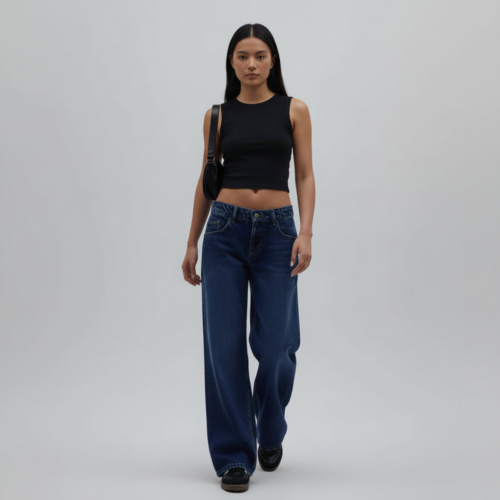 Person wearing blue jeans holding a newspaper on a tiled floor.