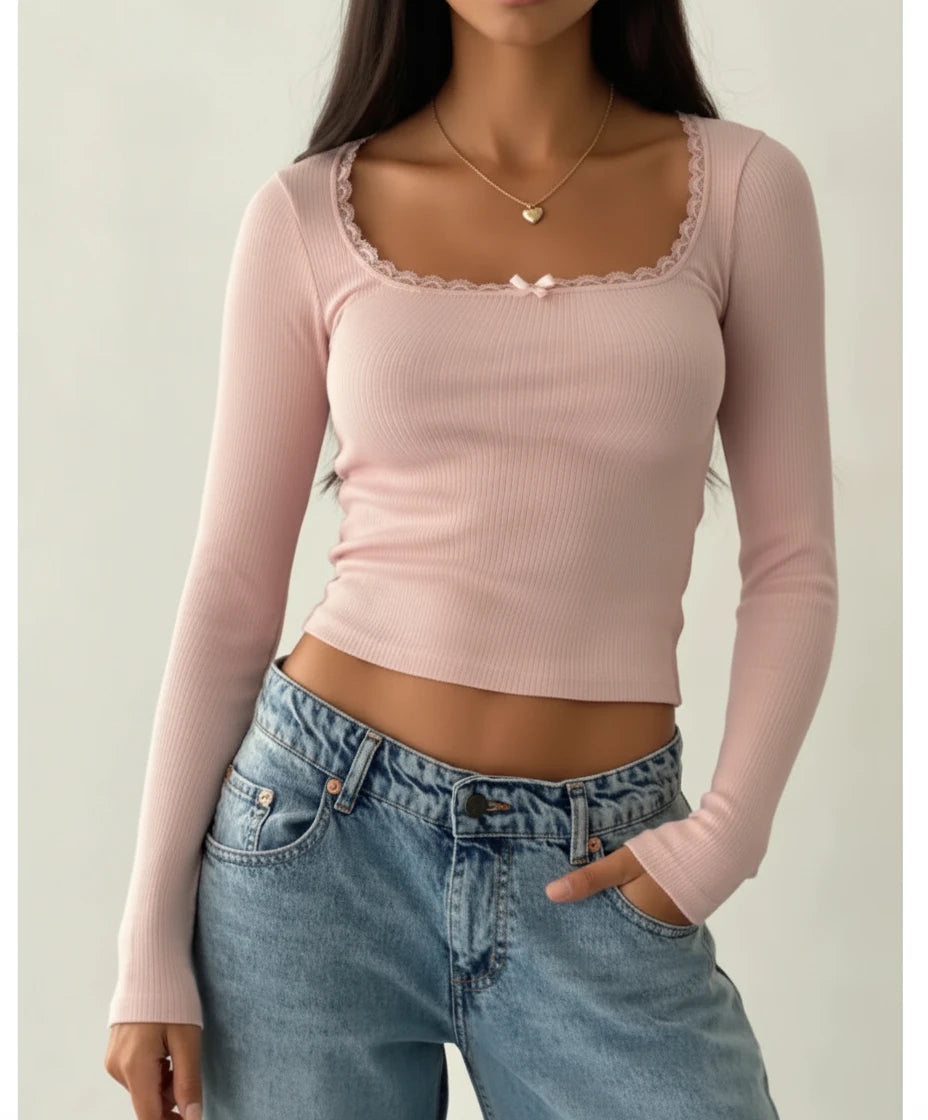 Rou U-Neck Delicate Lace Knit Top